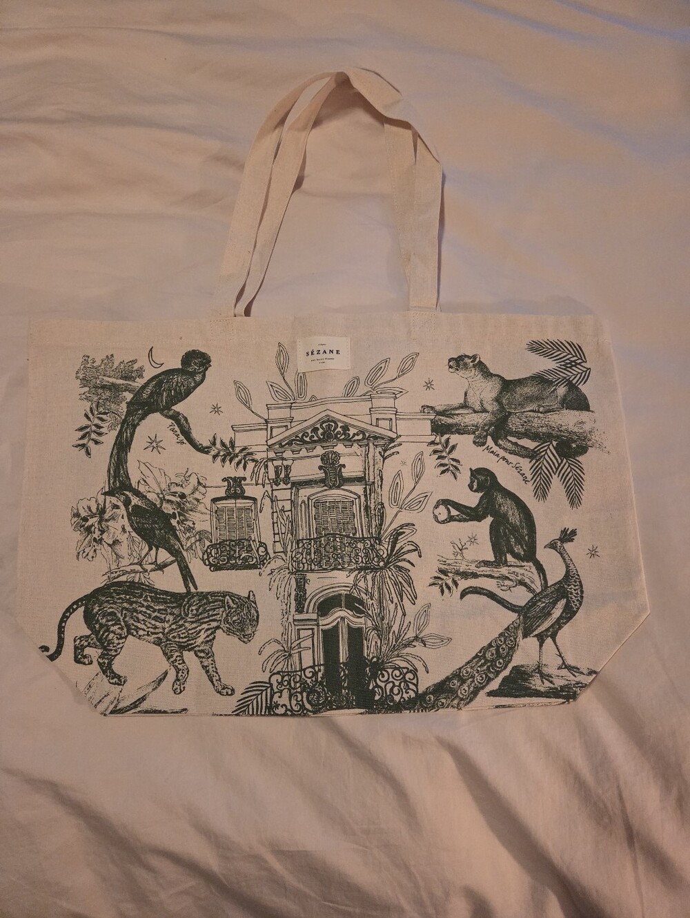 NWOT Sezane Cream And Green Canvas Tote with Botanical & Animal Print